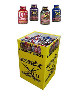 ENERGY SHOTS 192PC 4 ASSORTED FLAVORS 2OZ XTRA STACKER 2 FLOOR DISPLAY