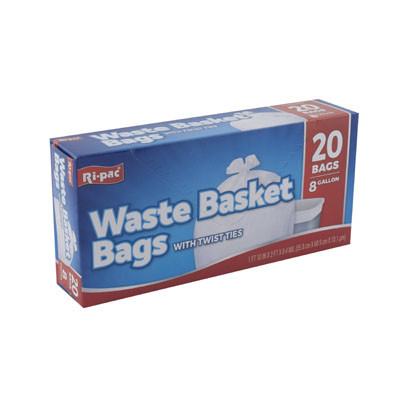 TRASH BAGS 20CT - 8 GALLON WHITE KITCHEN W/TWIST TIES