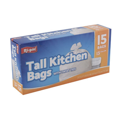 TRASH BAGS 15CT - 13 GALLON TALL KITCHEN - WHITE