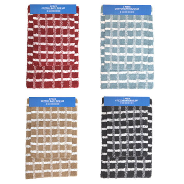 BATHROOM RUG SET 2PC SQUARE STRIPE DESIGN 4 COLORS NON-SLIP SPRAY