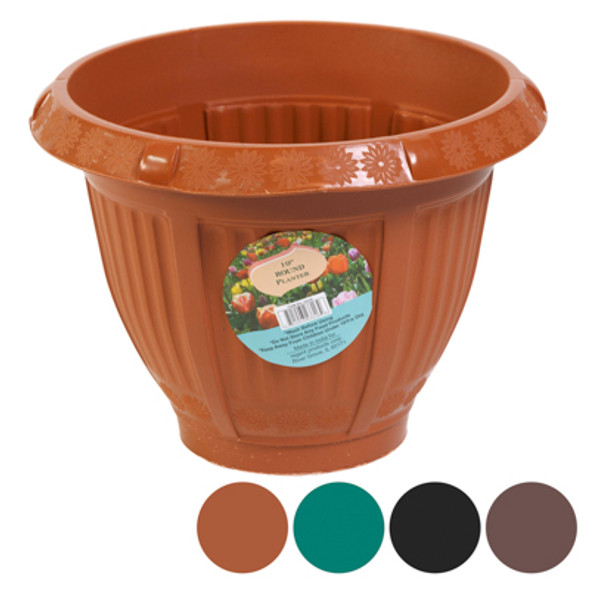 PLANTER 10 INCH ROUND COLUMN & FLOWER DESIGN 4 COLORS#6029 NO PUNCHED HOLES PLANTER 10 INCH ROUND COLUMN & FLOWER DESIGN 4 COLORS#6029 NO PUNCHED HOLES