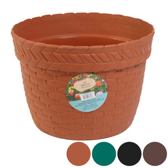 PLANTER WEAVE DESIGN ROUND 10" X 7.5"h 4 COLORS #6048 NO PUNCHED OUT HOLES PLANTER WEAVE DESIGN ROUND 10" X 7.5"h 4 COLORS #6048 NO PUNCHED OUT HOLES