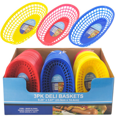 DELI BASKET 48PC 3PK 3 ASSORTED COLORS 20 RED, 16 BLUE & 12 YELLOW 9.25X5.5IN COUNTER DISPLAY