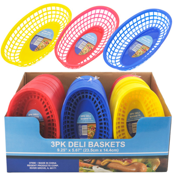 DELI BASKET 48PC 3PK 3 ASSORTED COLORS 20 RED, 16 BLUE & 12 YELLOW 9.25X5.5IN COUNTER DISPLAY