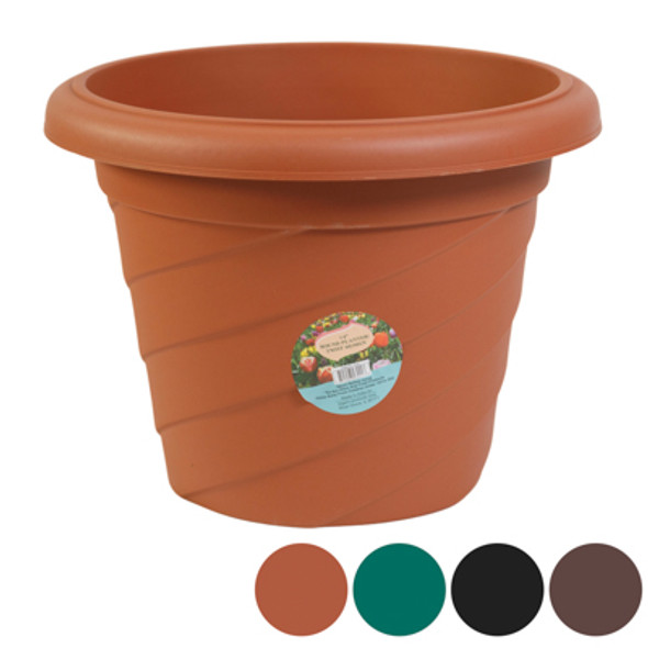 PLANTER ROUND TWIST NO HOLES 11IN HI 14IN ACROSS 4 COLORS PLANTER ROUND TWIST NO HOLES 11IN HI 14IN ACROSS 4 COLORS