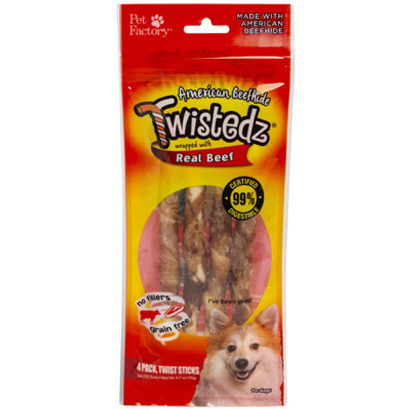 DOG TREATS AMERICAN BEEFHIDE 4PK 5 INCH TWISTEDZ STICKS REAL BEEF WRAP #27684