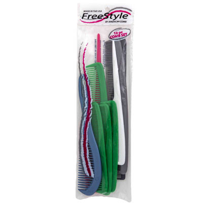 COMB SET 10PC #08-30010 PLASTIC ASST SIZE & COLORSIN POLYBAG MADE IN USA