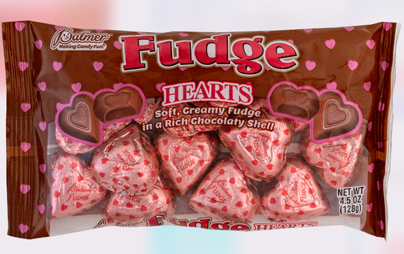 VALENTINE CANDY FUDGE FILLEDHEARTS 4.5 OZ BAG IN PDQ