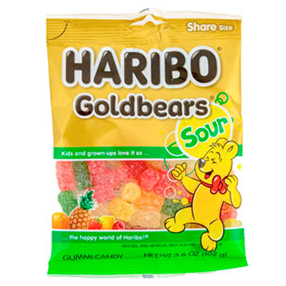 GUMMI CANDY HARIBO SOUR GOLDBEARS 3.5 OZ PEG BAG