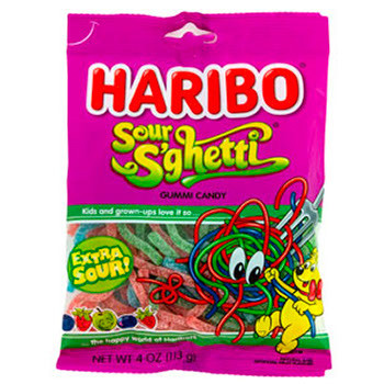 HARIBO GUMMI CANDY SOUR S'GHETTI 4 OZ PEG BAG