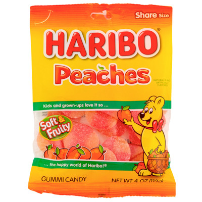 HARIBO GUMMI CANDY PEACHES 4 OZ PEG BAG