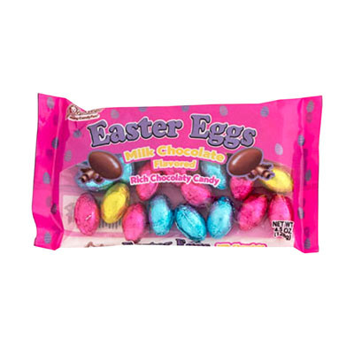 EASTER CANDY CHOCOLATE FLAV EGGS IN 4.5 OZ LAYDOWN BAG IN PDQ