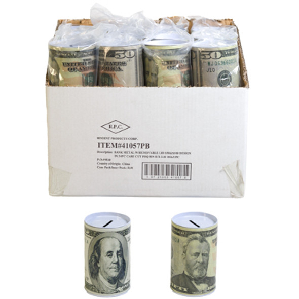 BANK METAL W/REMOVABLE LID $50 & $100 DESIGN IN 24PC CASE CUT PDQ 5IN H X 3.22 DIA/UPC OPP BAG