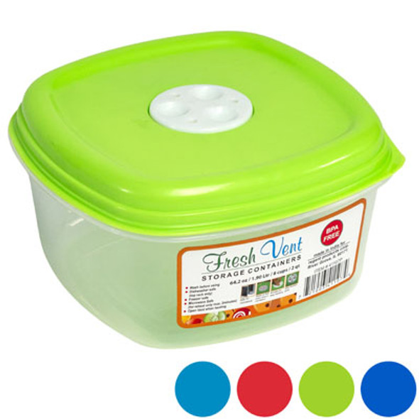 FOOD STORAGE 34.2 OZ 2 QT SQUARE FRESH VENT 4 COL LIDS IN PDQ #5236N FOOD STORAGE 34.2 OZ 2 QT SQUARE FRESH VENT 4 COL LIDS IN PDQ #5236N