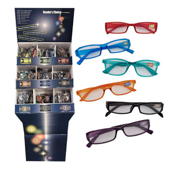 READING GLASSES 9 ASSORTED POWERS METAL/PLASTIC FRAMES IN 9 SECTION FLOOR DISPLAY #RBIN288