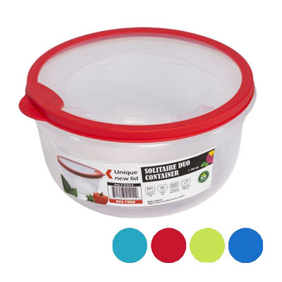 FOOD STORAGE CONTAINER ROUND 4 COLOR RUBBER RIM ON LID 1.5L 7.3 X 6.9 X 3.9H