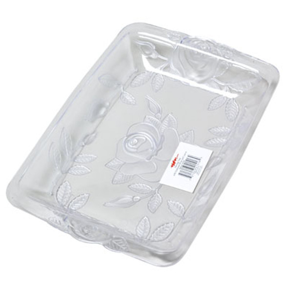 SERVING TRAY W/EMBOSSED ROSES & LEAVES CLEAR IN WHITE PDQ 12.75L X 8.5W X 1.5H 175G