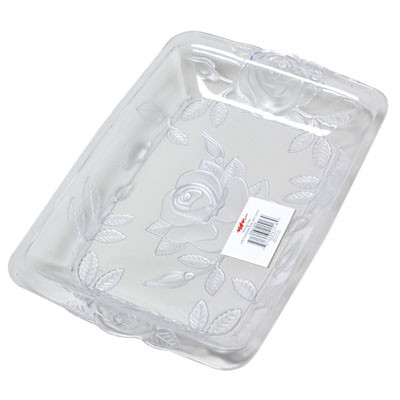 SERVING TRAY W/EMBOSSED ROSES & LEAVES CLEAR IN WHITE PDQ 12.75L X 8.5W X 1.5H 175G