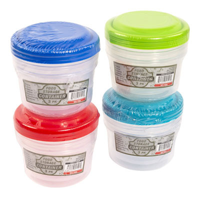 FOOD STORAGE CONTAINER ROUND 3-PK 4 COLOR LIDS/CLEAR BOTTOM IN PDQ #NEW 1