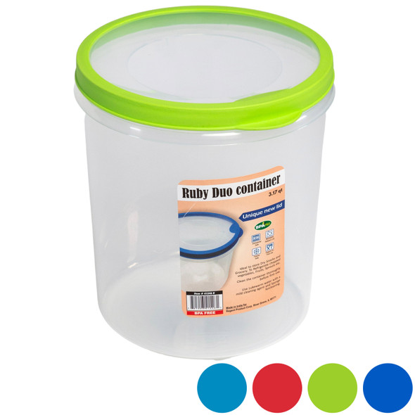 FOOD STORAGE CONTAINER ROUND 4 COLOR RUBBER RIM ON LID 3.17QT 6.7 DIA X 6.5H