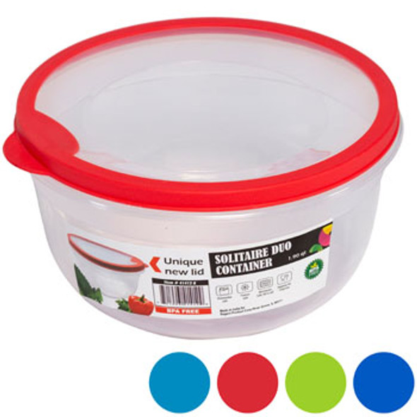 FOOD STORAGE CONTAINER ROUND 4 COLOR RUBBER RIM ON LID 1.9 QT 7.3 X 6.9 X 3.9H