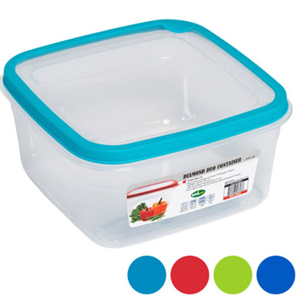FOOD STORAGE CONTAINER SQUARE 4 COLOR RUBBER ON LID 2.21QT 7.1 X 7.1 X 3.5H