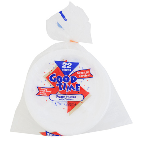 FOAM PLATE 8-7/8" DIA W/DIVIDERS 22CT IN PRINTED POLYBAG