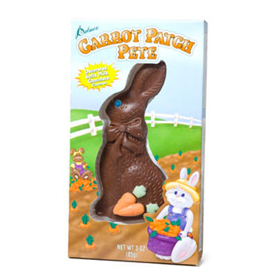 EASTER CANDY CHOCO BUNNY SOLID 3OZ BOXED CARROT PATCH PETE/PDQ MILK CHOCOLATE FLAVORED