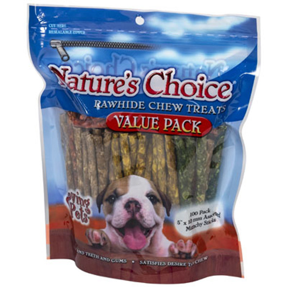 DOG TREATS RAWHIDE 100PK 5 INCH ASSORTED MUNCHY STICKS RESEALABLE ZIPPER