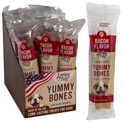DOG TREATS YUMMY BONES GRAIN-FREE 2.8 OZ BACON COUNTER DISPLAY MADE IN USA