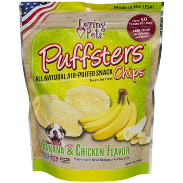 DOG TREATS PUFFSTERS CHIPS BANANA & CHICKEN 4 OZ MADE IN USA