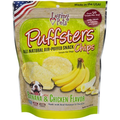 DOG TREATS PUFFSTERS CHIPS BANANA & CHICKEN 4 OZ MADE IN USA