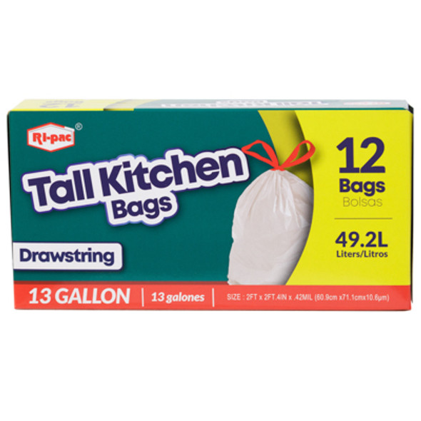 TRASH BAGS 12CT - 13 GALLON DRAWSTRING - TALL KITCHEN WHITE