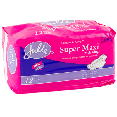 MAXI PADS W/WINGS 12CT SUPER ABSORB UNSCENTED JULIE BRAND