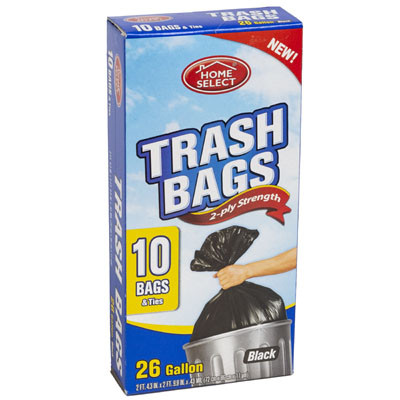 TRASH BAGS 10CT - 26 GALLON W/TIES BLACK HOME SELECT 2-PLY STRENGTH