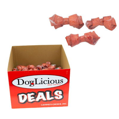 DOG TREATS 4-5 INCH KNOTTED BONE RAWHIDE CHEW CHICKEN COUNTER DISPLAY