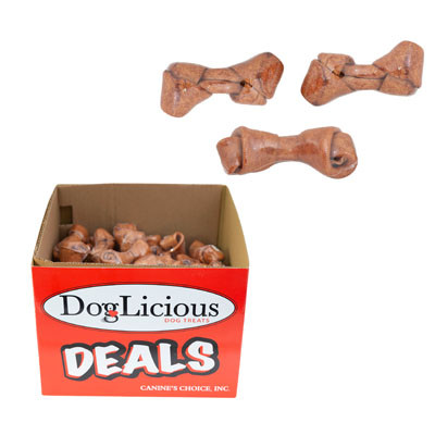 DOG TREATS 4-5 INCH KNOTTED BONE RAWHIDE CHEW BEEF COUNTER DISPLAY