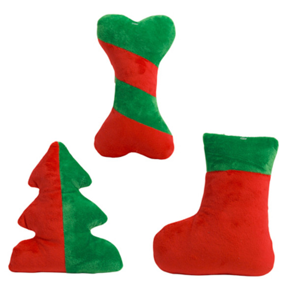 DOG TOY CHRISTMAS SHU VELVETEEN W/SQUEAKER 3 SHAPES RED/GREEN HANG TAG COUTER DISPLAY