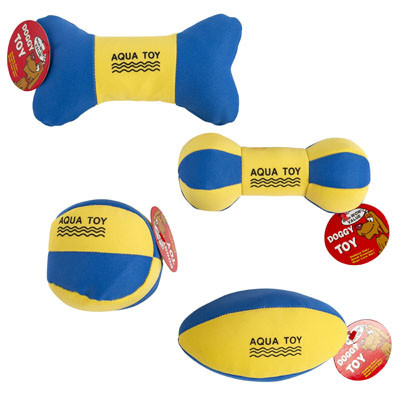 DOG TOY AQUA FLOATABLE W/SQKR BLUE/YELLOW 4 STYLES IN PDQ HANG TAG
