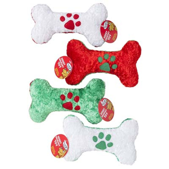 DOG TOY CHRISTMAS CHENILLE BONE W/PAW PRINT ICON 8IN 4 COLORS W/SQUEAKER HANGTAG COUNTER DISPLAY