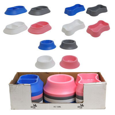 PET BOWL 3 SHAPES 4 COLORS IN PDQ ASST DIVIDED/ROUND/BONE SHAPE