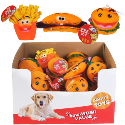 DOG TOY VINYL 3 FOOD STYLESWITH SQUEAKER & HANG TAG IN PDQ