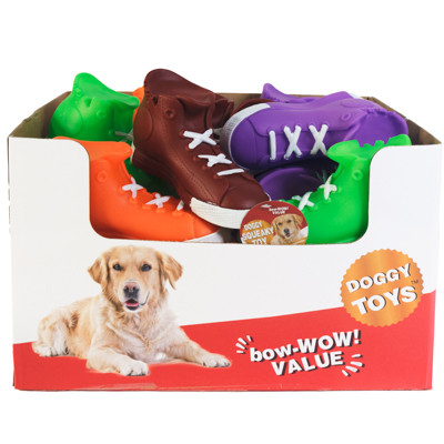 DOG TOY VINYL HIGH-TOP SNEAKERWITH SQUEAKER 4 COLORS IN PDQ HANG TAG #S11050