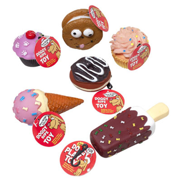 DOG TOY VINYL WITH SQUEAKER6 ASST FOOD DESSERTS IN PDQ HANG TAG #S201211