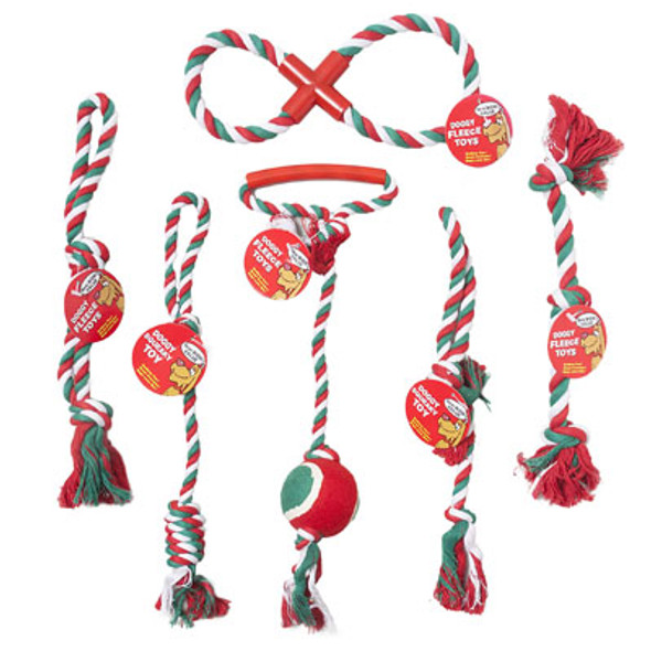 DOG TOY CHRISTMAS ROPE CHEWS 6 ASSORTED STYLES 3 COLORS HANG TAG #C66014 COUNTER DISPLAY