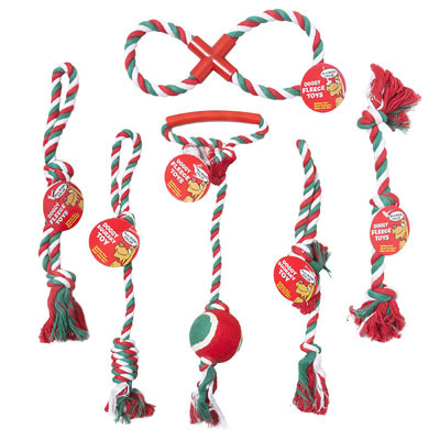 DOG TOY CHRISTMAS ROPE CHEWS 6 ASSORTED STYLES 3 COLORS HANG TAG #C66014 COUNTER DISPLAY