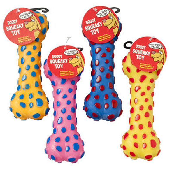 DOG TOY VINYL BONE WITH SQUEAKER6 ASSORTED COLORS IN PDQ #14038