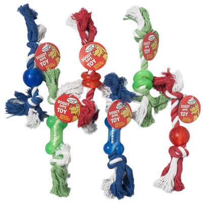 DOG TOY DOUBLE KNOTTED ROPE/RUBBER CHEWS 3 STYLES 3 COLORS IN PDQ #14071