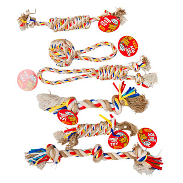 DOG TOY ROPE CHEWS 6 ASSORTED STYLES/MULTI-COLOR IN PDQ HANG TAG #C15069