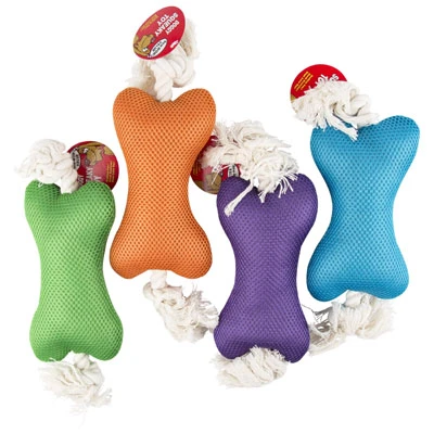 DOG TOY PLUSH BONE W/ROPE AND SQUEAKER 14IN 4 COLORS IN PDQ #P30938